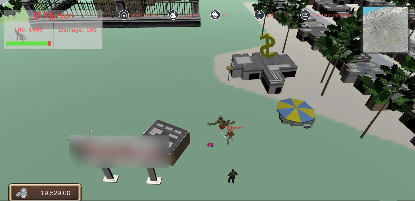 Player fighting a monster near a vendor billboard and a silver-sign bank