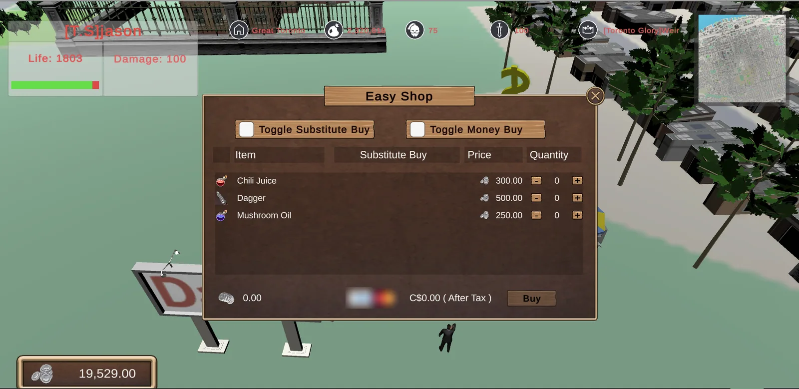 In-game Easy Shop offering items for silver, with a Substitute Buy toggle