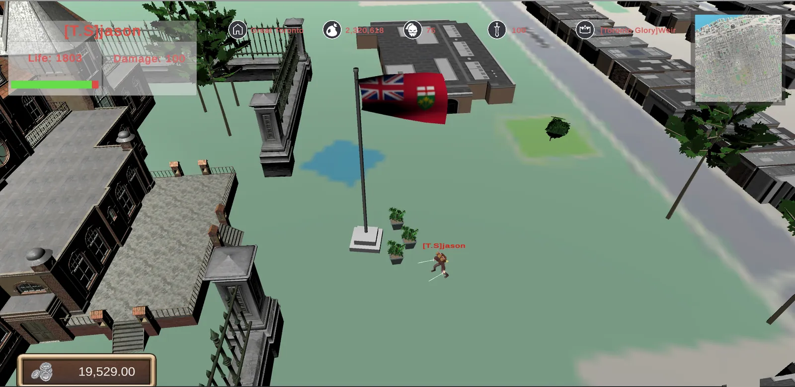 Player standing in a city park beside an Ontario flag, with the silver balance and minimap on the HUD