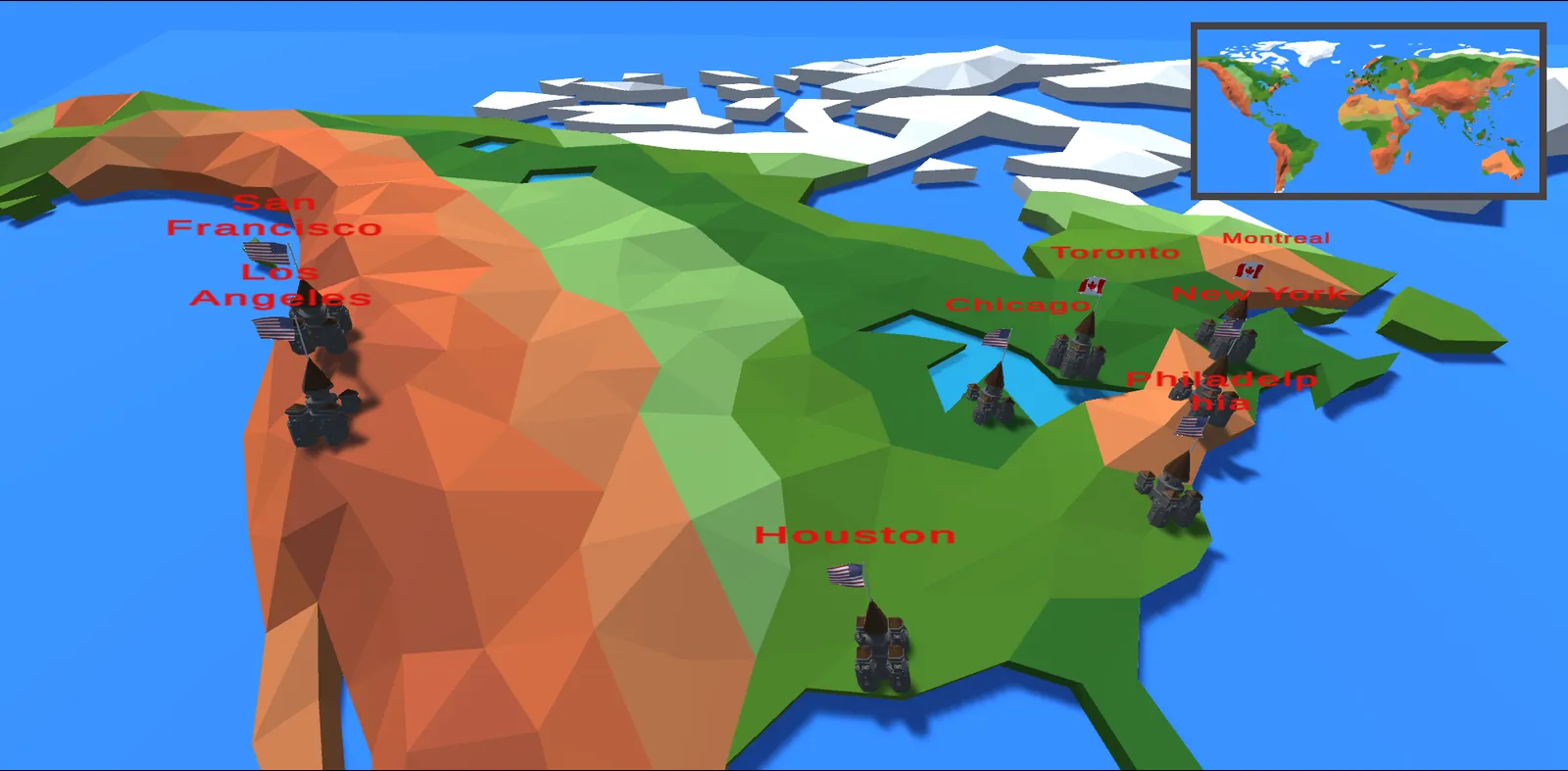 Low-poly world map with castles marking Toronto, Montreal, New York, Chicago, Houston and other cities