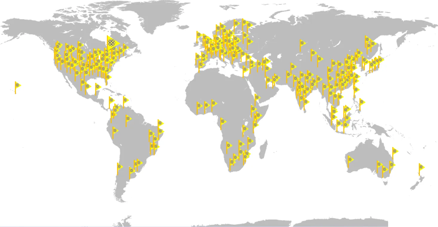 World map with Boundary flags planted in cities across every continent