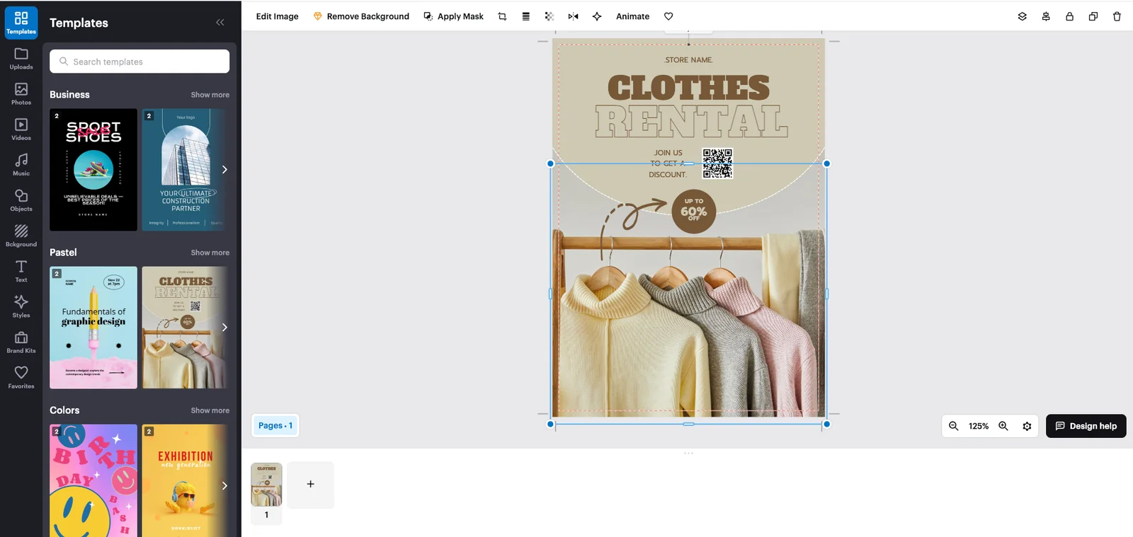 Boundary flyer designer with a template library and a clothing-store flyer on the canvas