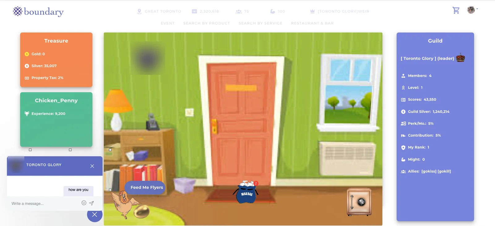 A resident’s home page: treasure of gold and silver, a pet, the guild panel and the house scene with a mailbag of flyers
