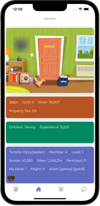 Resident app home: house scene, silver balance, pet and guild summary